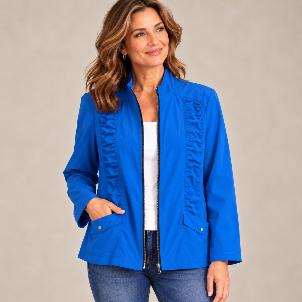Chicos Sz 3 Weekends Blue Full Zip Ruching Shell Jacket Golf Athleisure Stretch